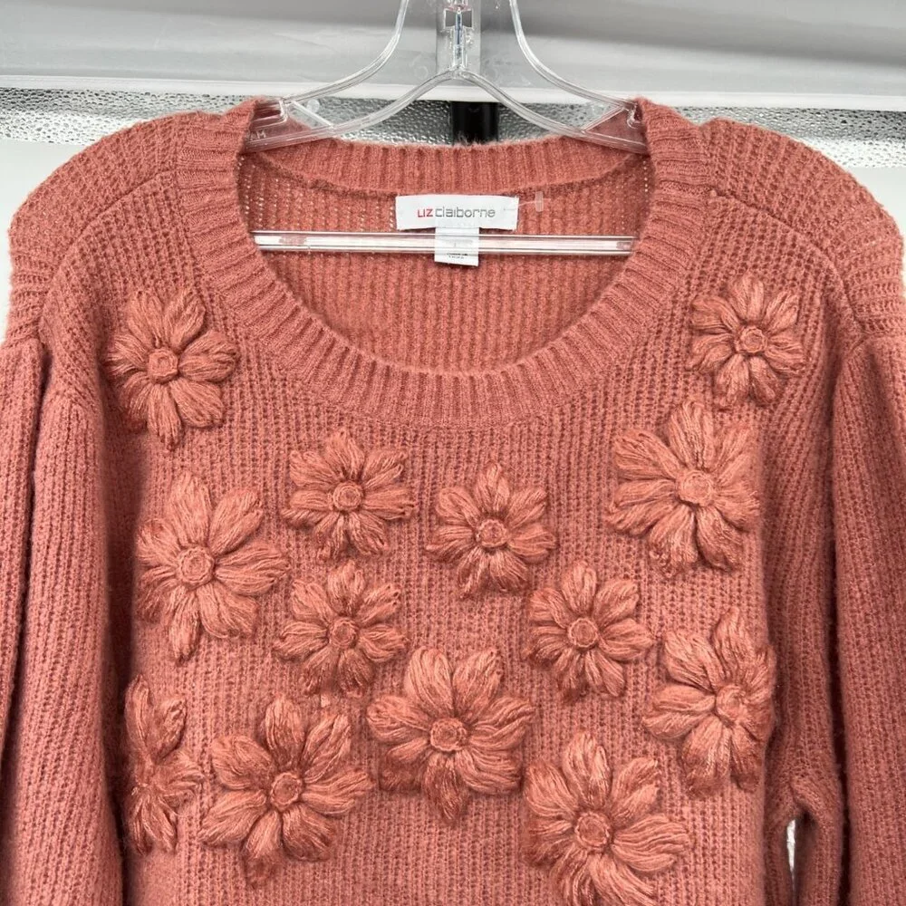 Liz Claiborne Womens Knit Sweater Embroidered Floral Rosewood Size Large